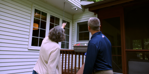 Homeowner pointing out repairs to a Jeff Buys Your House home buying specialist while discussing the sale of a fixer-upper.