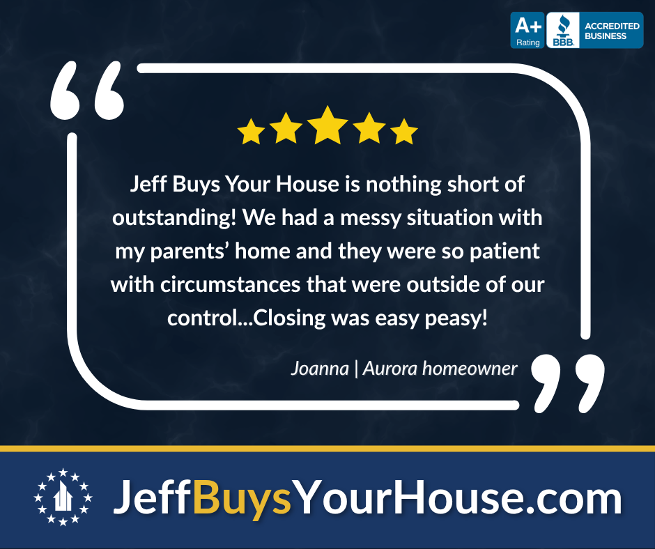 Five-star testimonial from Joanna, an Aurora, Illinois homeowner, praising Jeff Buys Your House for patience with her family's situation and an easy closing.